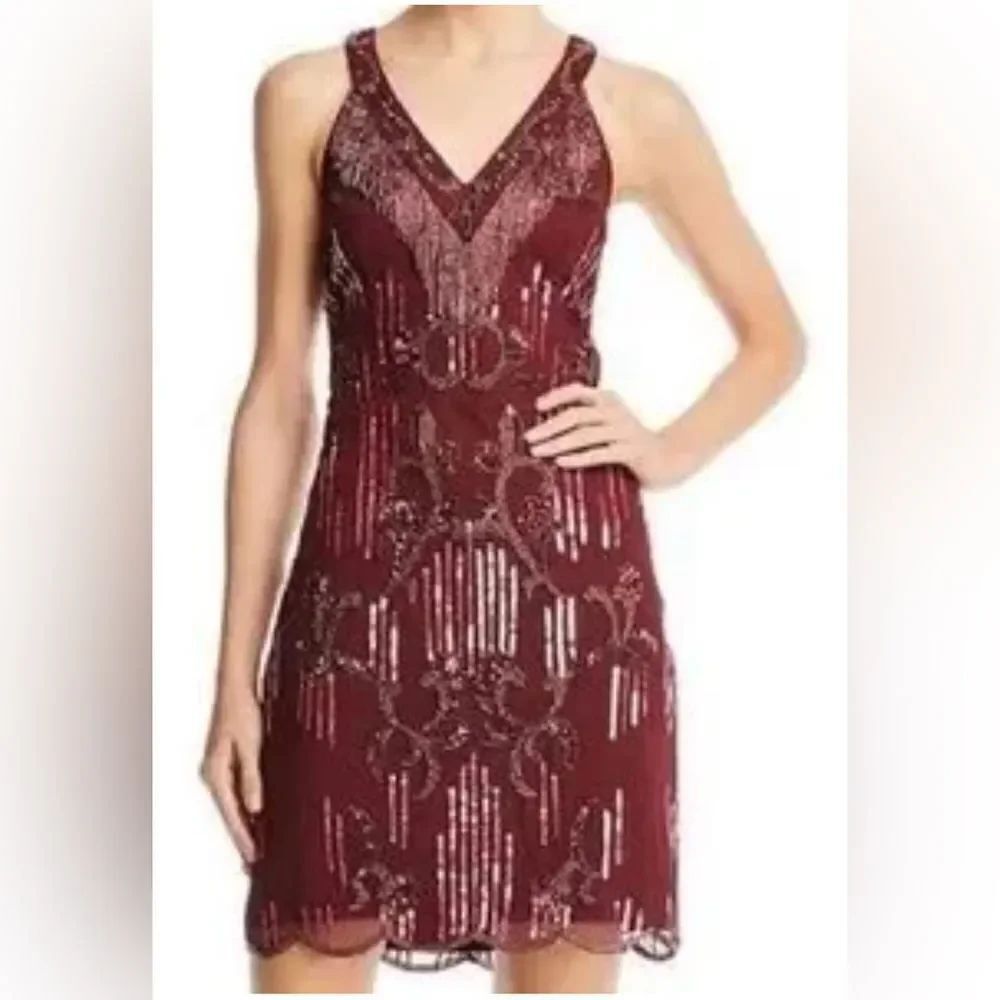 Aidan Mattox Beaded Sleeveless Cocktail Dress Sz 8 Burgundy Sequin VNeck Mini